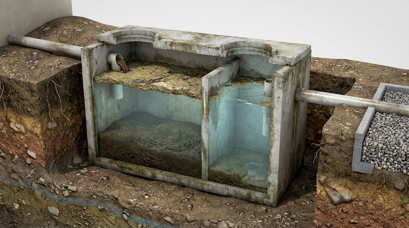 Detailed cross-section of a traditional two-compartment septic tank embedded in soil, showing scum, effluent, sludge layers, inlet, and outlet pipes to a drainage field.
