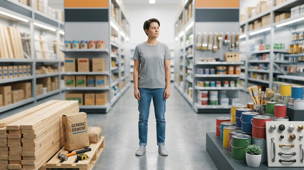 A person stands in a brightly lit DIY store, contemplating choices between wood, cement, tools on left, and paint, brushes, hardware on right.