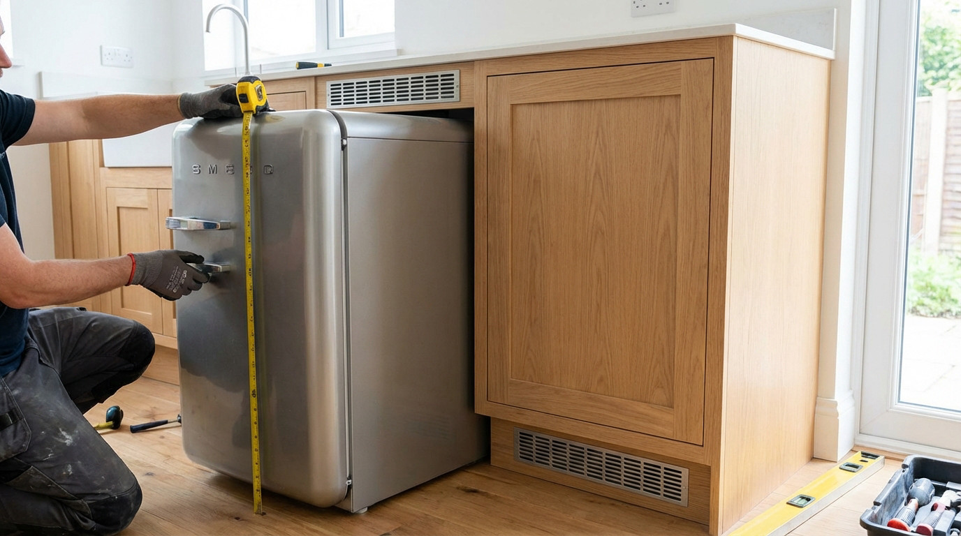 A person measures a retro silver refrigerator for a custom light wood kitchen cabinet, featuring integrated ventilation grilles.