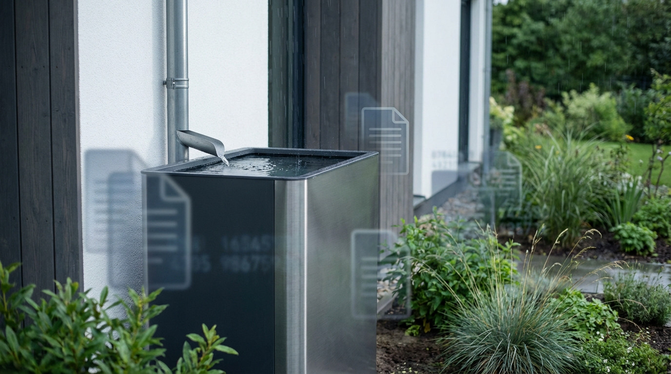 A modern dark grey and stainless steel rainwater collection tank receiving soft rain from a downspout next to a contemporary house. Lush garden plants surround it, with abstract data graphics subtly overlaid.