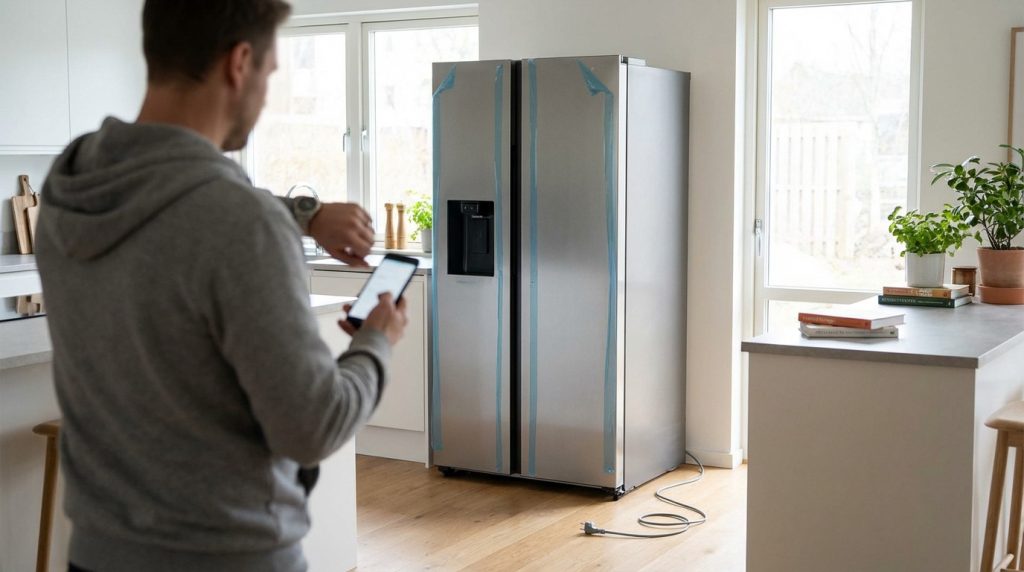 A person checks their watch and phone next to a new, stainless steel refrigerator with protective film, waiting to plug it in a modern, sunlit kitchen.