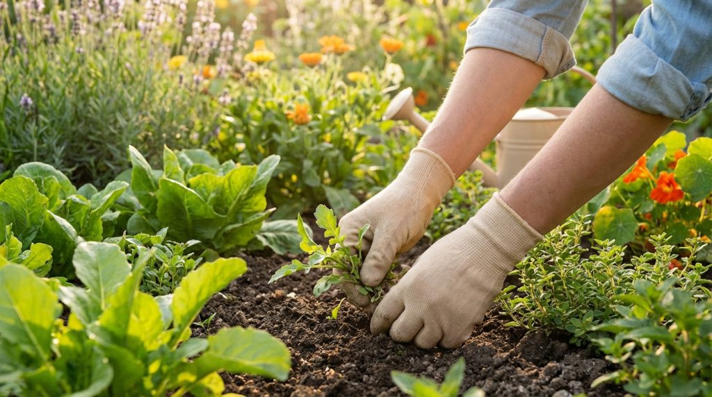 Close-up of gloved hands gently pulling a weed from rich soil in a vibrant garden, bathed in soft morning light.