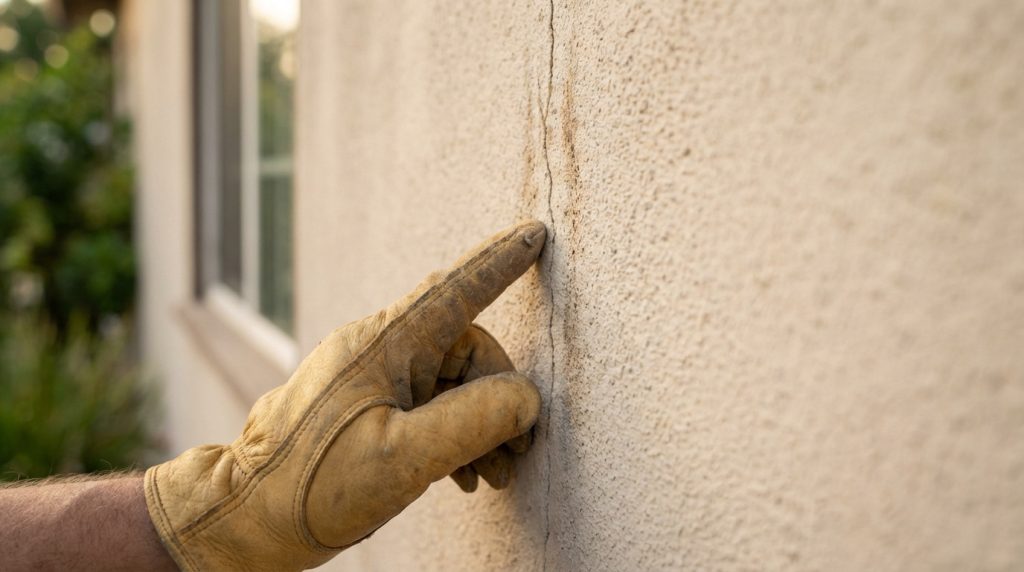 Gloved hand points to a vertical crack on a light beige house wall, highlighting a maintenance concern in natural light. Blurred home background.