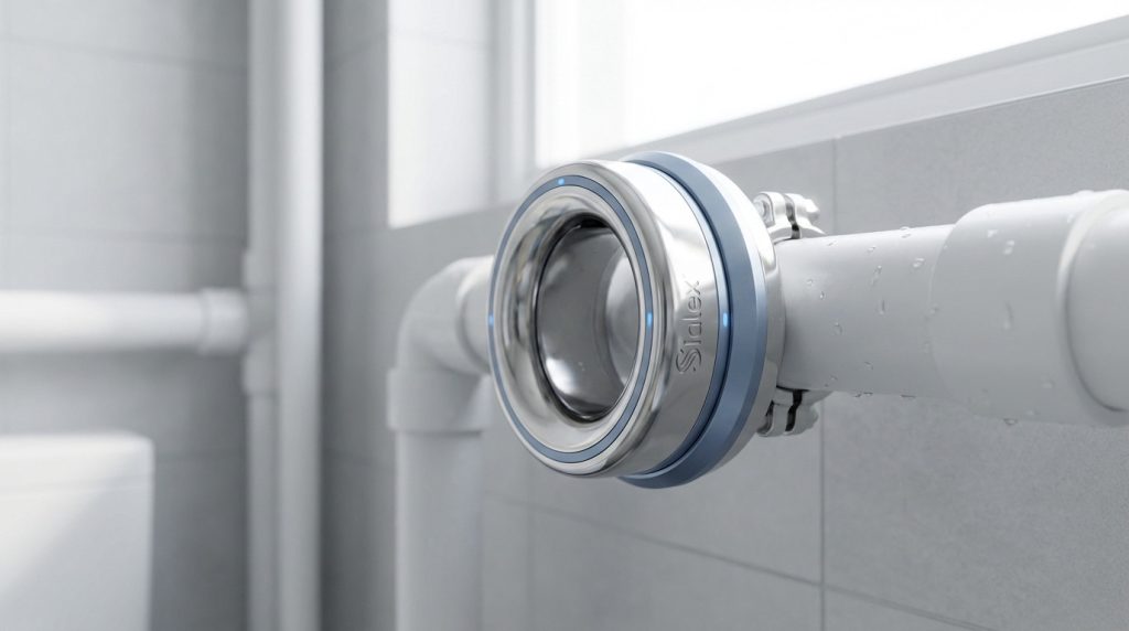 Photorealistic Sialex anti-limescale device, silver with blue, installed on white pipes in a clean, modern setting.