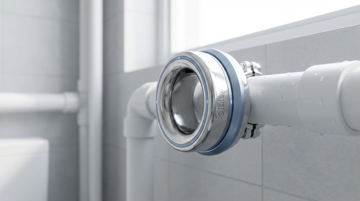 Photorealistic Sialex anti-limescale device, silver with blue, installed on white pipes in a clean, modern setting.