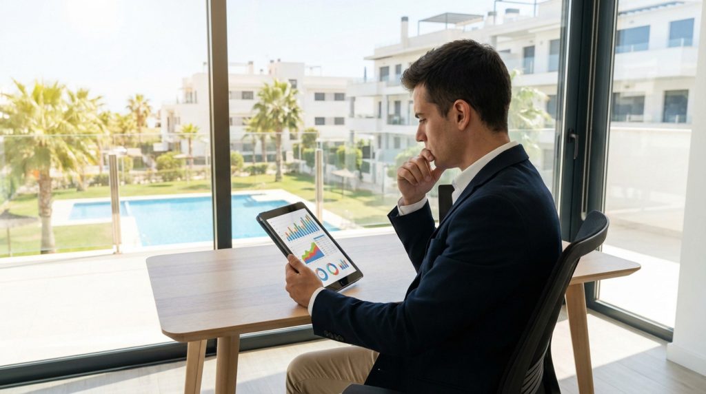 Thoughtful investor reviews financial data on a tablet, overlooking a bright holiday resort with a swimming pool and palm trees.