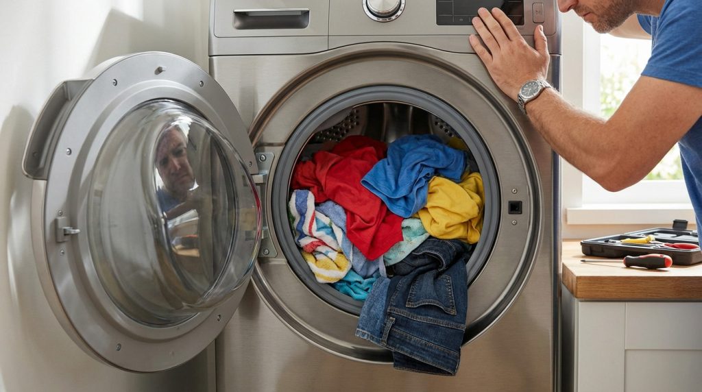 Man inspects a modern front-load washing machine with wet, colorful laundry in its stationary drum. A toolkit on the counter suggests repair.