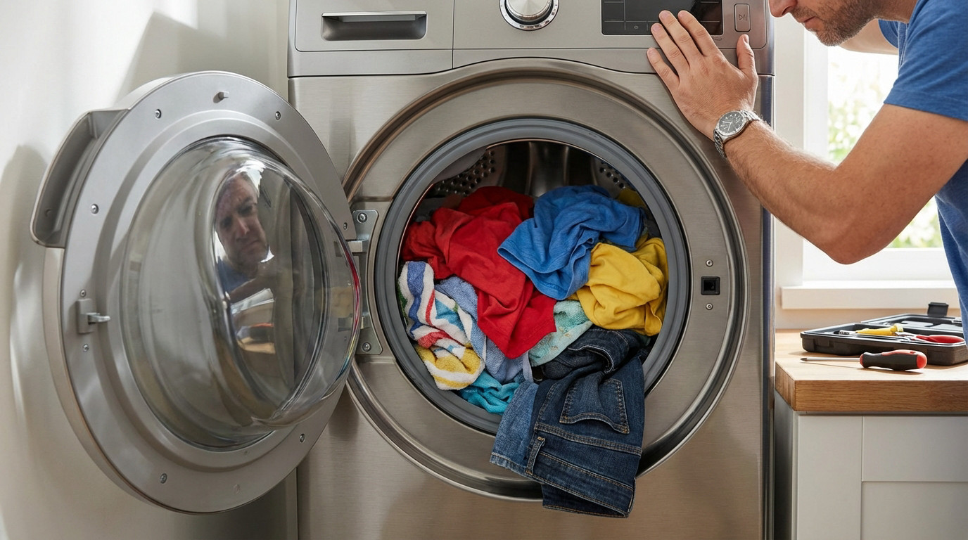 Man inspects a modern front-load washing machine with wet, colorful laundry in its stationary drum. A toolkit on the counter suggests repair.